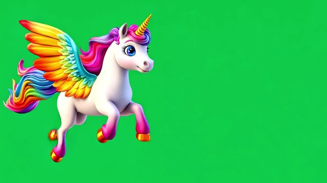 Cartoon isolated white unicorn flying character green screen. Sweet fantastic pet animal. Good for any movie, presentation, etc... Funny sweet and cute children animation seamless loop. rainbow colors