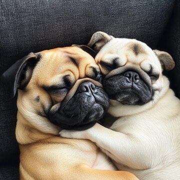 Two adorable pugs cuddling peacefully together.