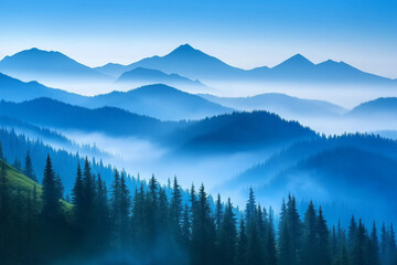 Obraz premium Majestätische hügelige Landschaft mit sanften Nebelschichten und Bergen im Hintergrund