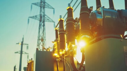 Obraz premium Electrical power transmission equipment at sunset