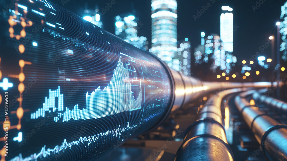 Poster futuristic view of illuminated financial district at night with glowing oil pipelines displaying digital data and graphs, symbolizing energy and technology integration