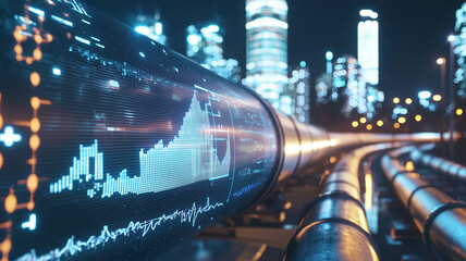futuristic view of illuminated financial district at night with glowing oil pipelines displaying digital data and graphs, symbolizing energy and technology integration