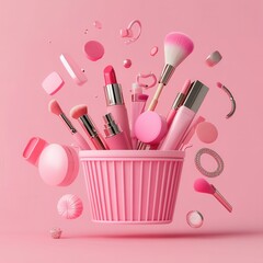 Vibrant pink makeup tools in a stylish container.