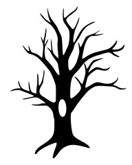 Tree without leaves with a hollow - vector silhouette for a logo, sign or stencil. Winter tree, plant without foliage For printing, for cutting	