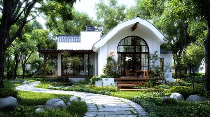 Obraz premium Cozy modern cottage nestled among lush greenery and scenic garden pathways