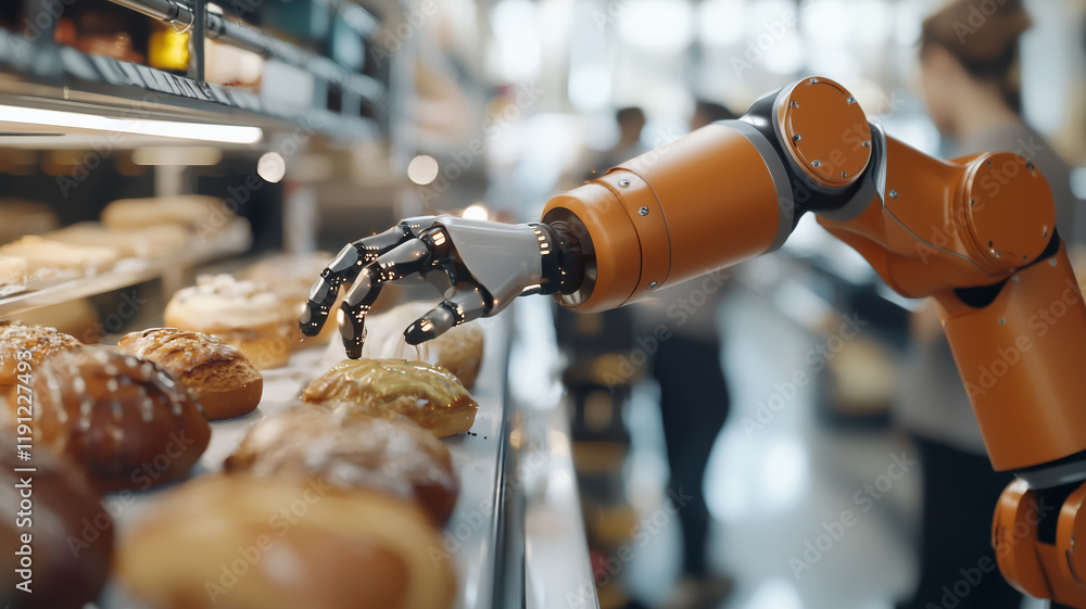 Poster robotic arm delicately selects pastry from bakery display, showcasing advanced automation in food se