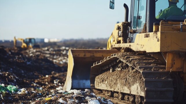 A close-up of a construction worker operating a bulldozer at a landfill site, Landfill construction scene, Environmental management style