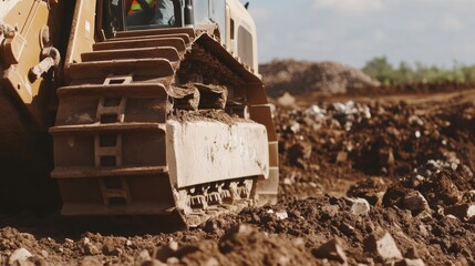 A close-up of a construction worker operating a bulldozer at a landfill site, Landfill construction scene, Environmental management style