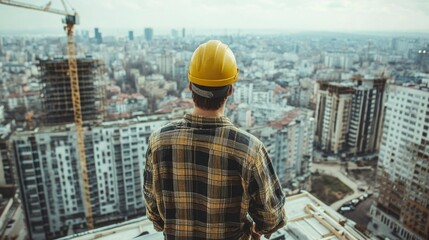 Construction Worker Surveys Cityscape From High Rise Building
