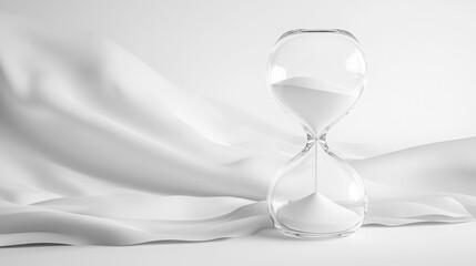 A monochrome image of an hourglass on a white fabric. The sand slowly trickles through the glass, creating a serene and contemplative atmosphere. Time, patience and elegance are all subtly conveyed.