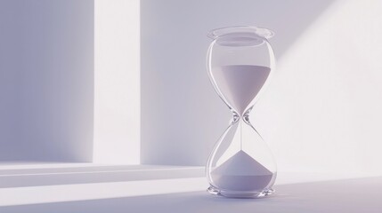 A glass hourglass sits on a minimalist white surface, the sand slowly trickling through the bulb.  A serene and contemplative image evoking themes of time and passage.