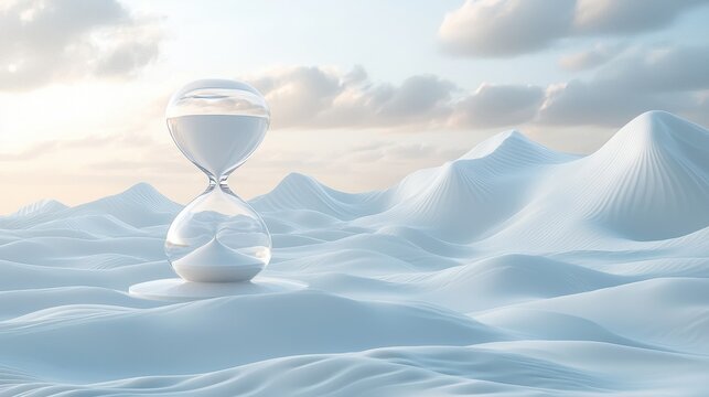 A glass hourglass sits in a serene, minimalist landscape of rolling white hills under a soft, cloudy sky. The scene evokes a sense of time and tranquility.