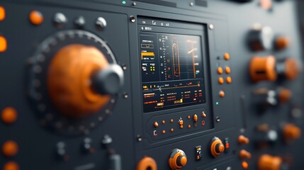 Obraz premium Technician monitoring an advanced electronic interface with holographic displays and data visualization systems in a futuristic cyberpunk influenced renewable energy control room