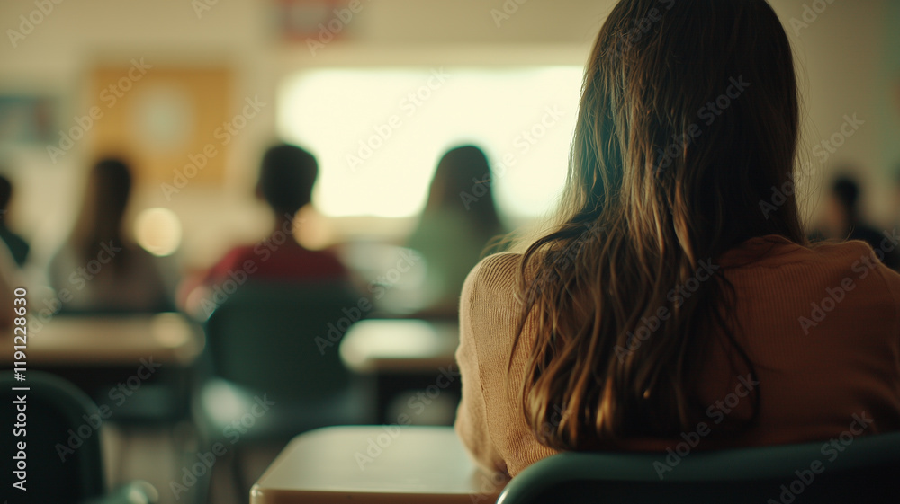 Aufkleber classroom with students seated at desks, focusing on lesson, with blurred background creating calm and studious atmosphere