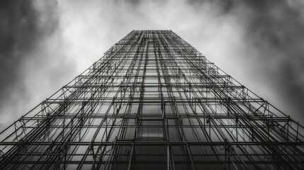 Skyscraper Under Construction Metal Framework Against Cloudy Sky