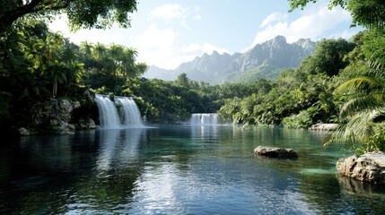 Naklejka premium Serene Tropical Landscape with Waterfalls and Lush Greenery in Bright Daylight