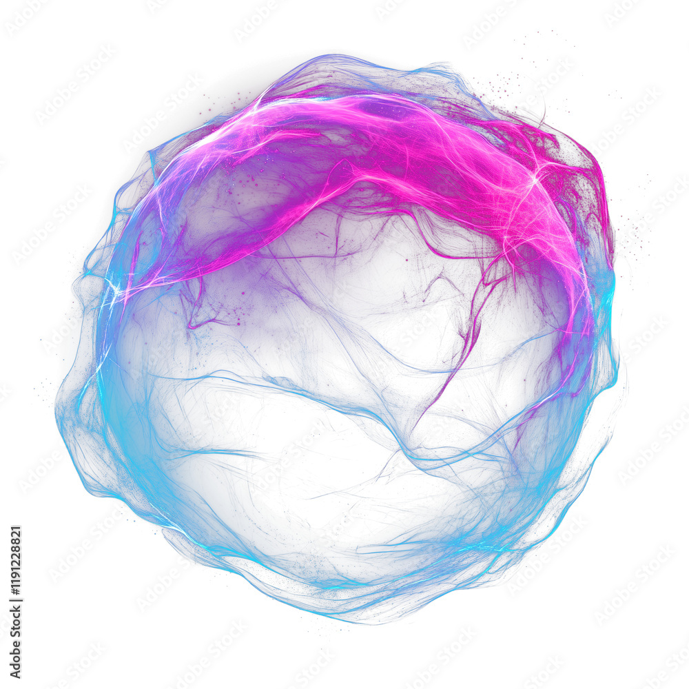 Poster glowing electric blue and magenta energy sphere with neon like light effects, featuring dynamic swir