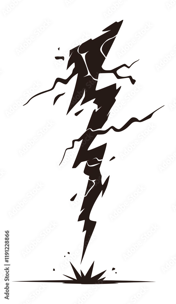 Poster matte black electric bolt with sharp edges and jagged lines, isolated on transparent background, rep