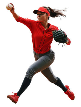 determined female softball player in red uniform pitches ball with focus and energy, isolated on transparency background