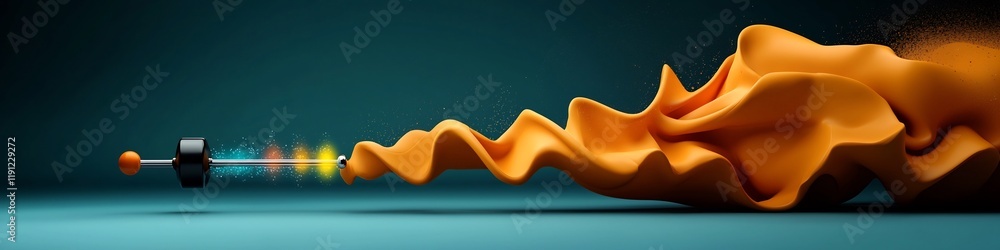 Poster a 3d rendered of a vibrating tuning fork emitting waves of different frequencies creating a mesmeriz