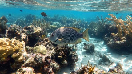 A Striped Fish Swims Near Coral Reefs In Ocean Water