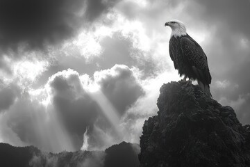 Fototapeta premium Majestic eagle perched atop dark rock, stormy sky.