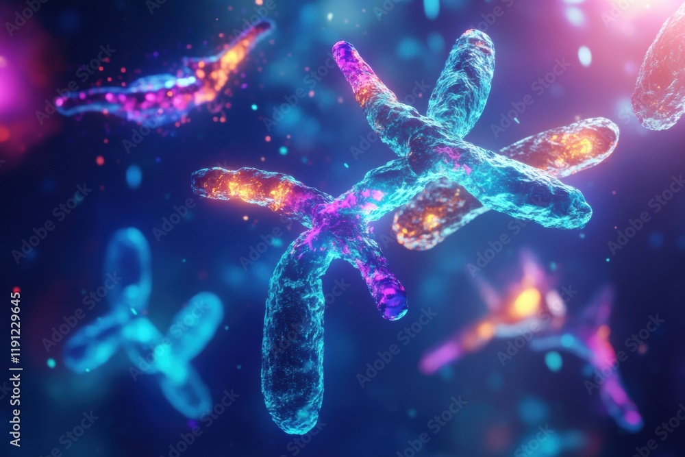 Poster Visualizing antibodies attacking glowing viruses in a vibrant biological landscape illuminated by colorful lights. Generative AI