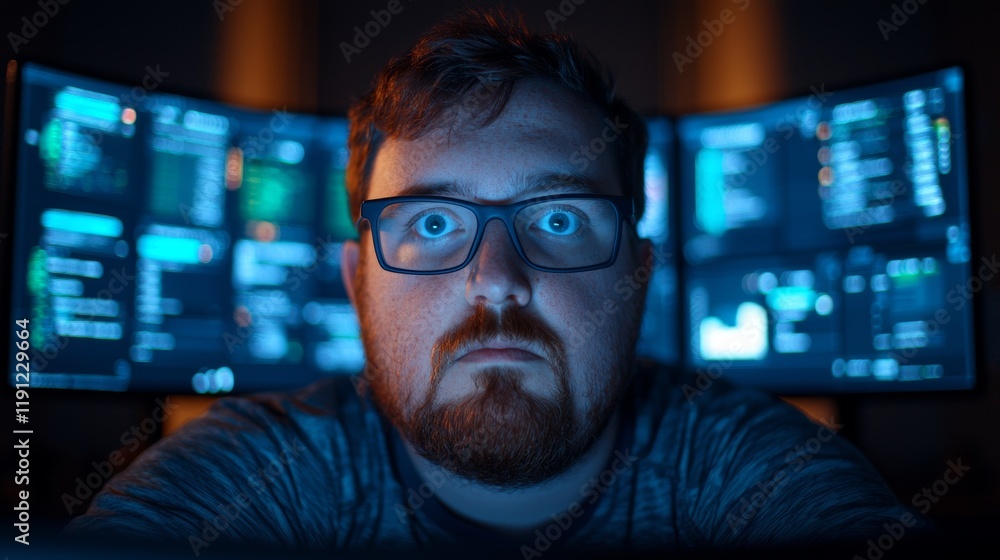 Poster focused student working on multiple screens in home study setup