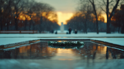 Ceremony of laying a memorial wreath at a tranquil water feature in a snowy park during sunset