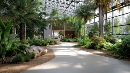 Lush Tropical Plant Pathway in Modern Botanical Conservatory Interior Design