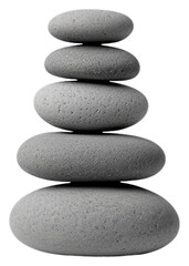 PNG A vertical stack of five smooth, gray stones arranged from smallest to largest, showcasing their rounded shapes and subtle textures.