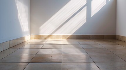Obraz premium empty room with white walls and tiles, bathed in daylight and showcasing a play of shadows