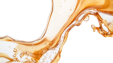 close up of caramel colored liquid flowing dynamically with bubbles, creating smooth and glossy texture. vibrant movement and golden hues evoke sense of richness and indulgence