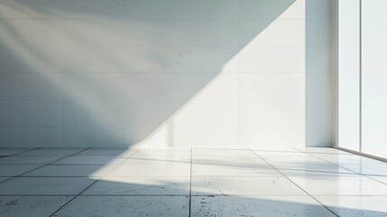 empty room with white walls and tiles, bathed in daylight and showcasing a play of shadows