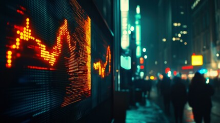 Obraz premium Illuminated Digital Signboard Displays Stock Market Data At Night