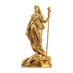 Obraz premium gold plated statue of Hera, Greek goddess, standing gracefully with staff and rose, symbolizing power and beauty, on detailed pedestal