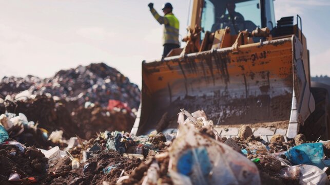 A close-up of a construction worker operating a bulldozer at a landfill site, Landfill construction scene, Environmental management style
