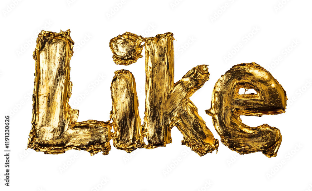 Poster gold metallic text spelling like with textured brushstroke accents on transparency background, creat