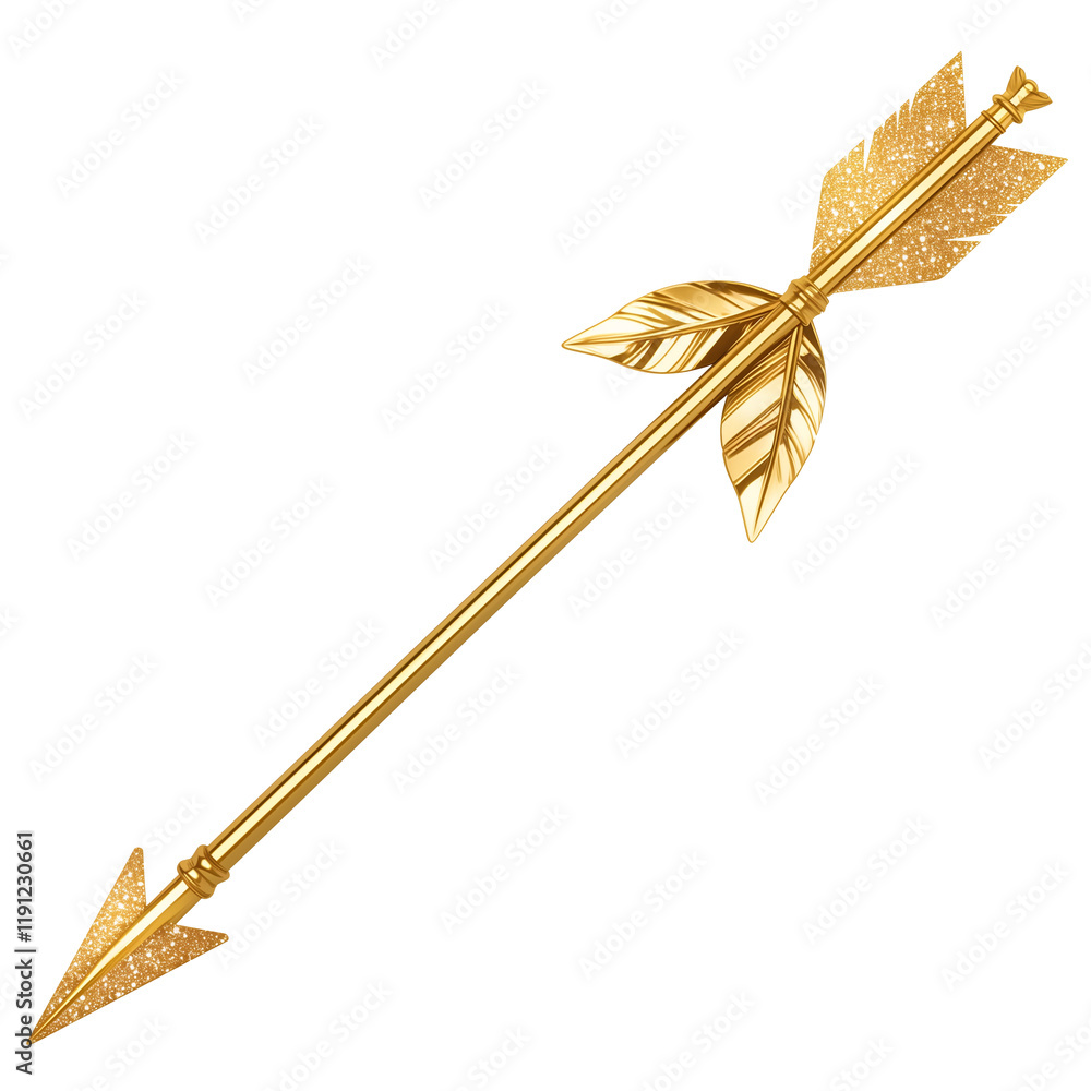 Poster golden glitter arrow with intricate feather details, isolated on transparency background, symbolizin