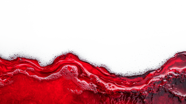 vibrant abstract image of red liquid flowing with white foam on top, creating dynamic and textured pattern against transparency background