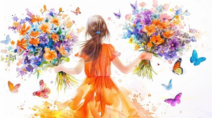 Obraz premium A girl holding flowers and butterflies, with her back to the camera