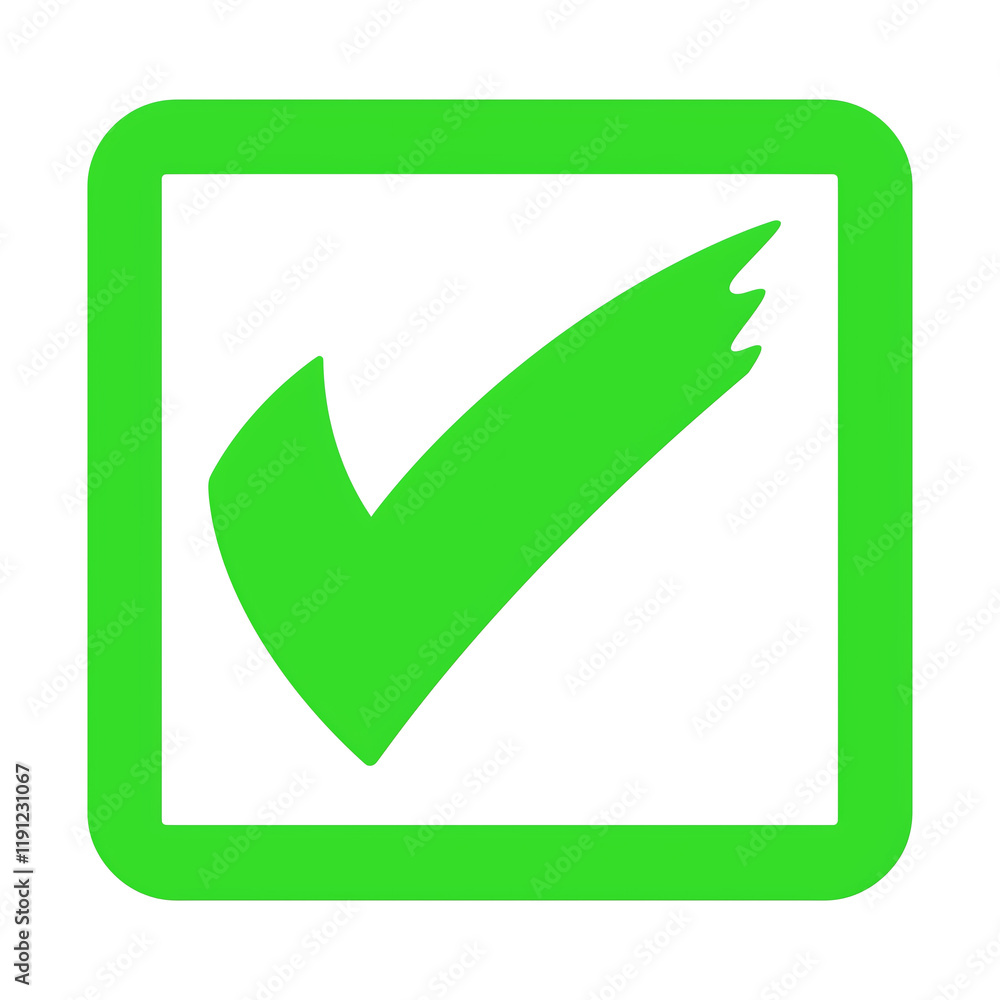 Poster bright green check mark with frosted look inside square, symbolizing approval, success, or completio