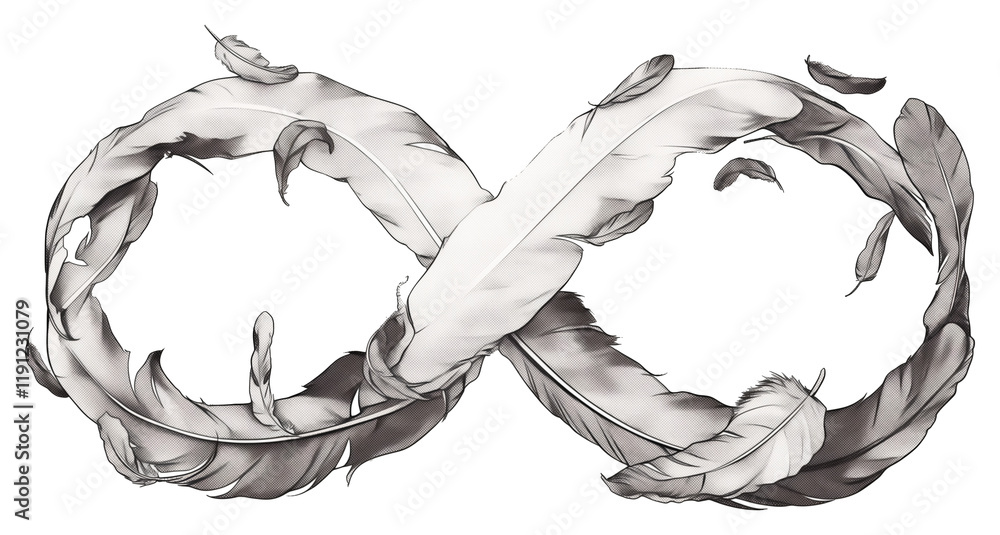 Aufkleber infinity symbol made of floating white feathers, isolated on transparency background, symbolizing et