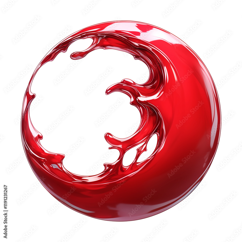 Fototapete glossy red abstract shape with smooth, fluid like textures and circular design, resembling dynamic wave or splash, isolated on transparency background