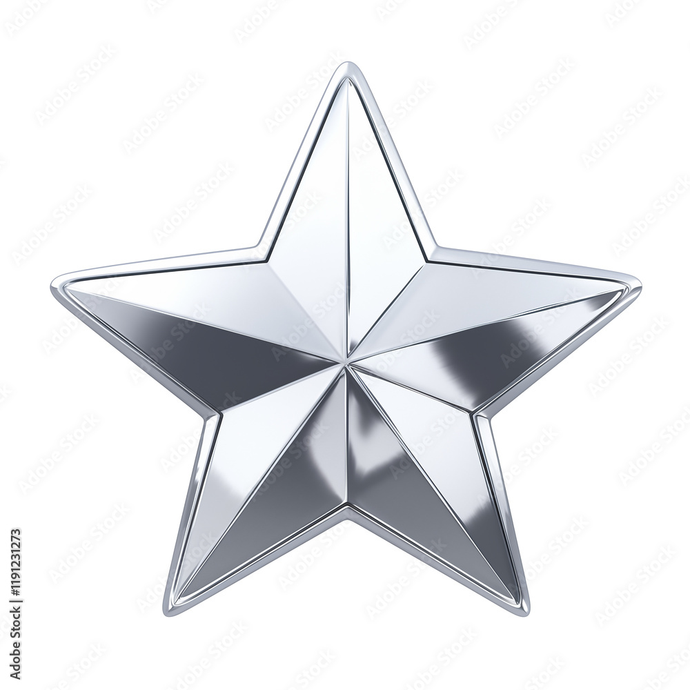 Poster radiant silver star with reflective surface, featuring sharp edges and polished metallic finish, iso
