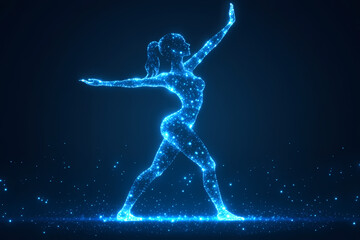 A yoga pose silhouette glowing against a digital starry night, symbolizing calm and harmony