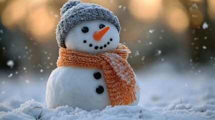 Frosty snowman, winter scene, snowy hat, orange scarf.
