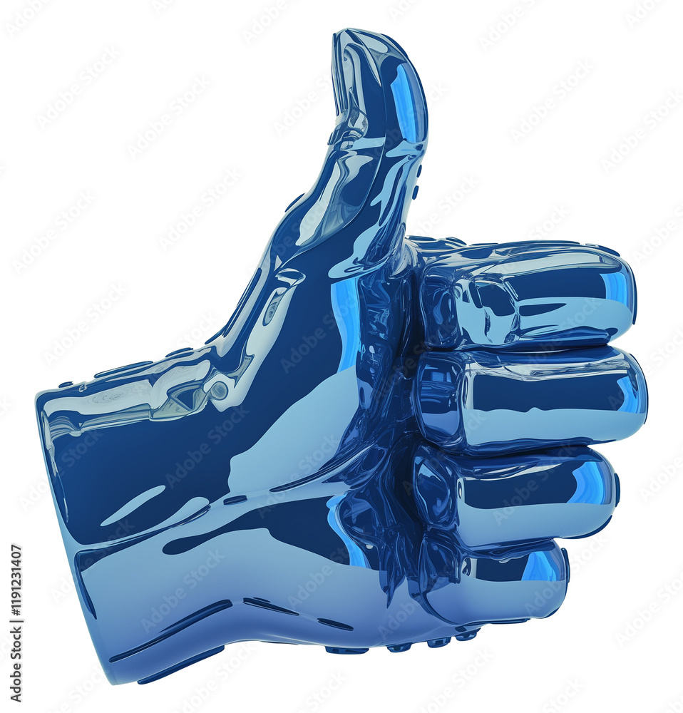 Poster metallic blue thumbs up symbol with glossy and reflective finish, representing approval or positivit