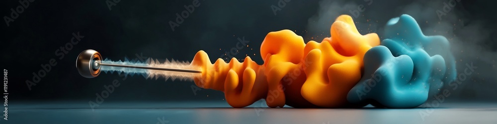 Poster a 3d rendered of a vibrating tuning fork emitting waves of different frequencies creating a dynamic 