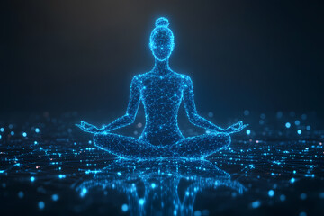 A yoga pose silhouette glowing against a digital starry night, symbolizing calm and harmony